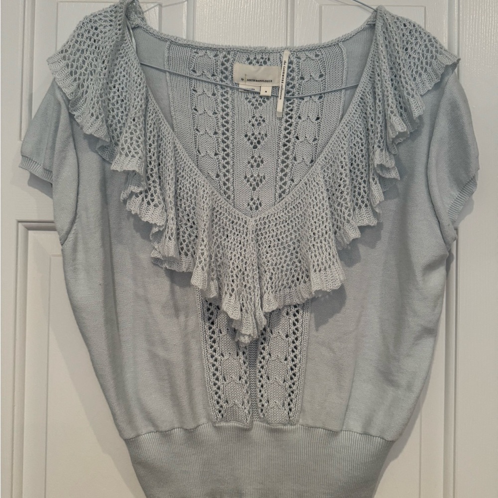Anthropologie Light Blue Ruffle Knit Sweater